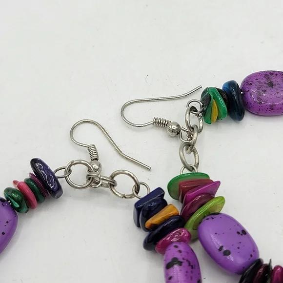 Beaded Multicolor French Hook Dangle Hoop Earrings Boho 90s Vintage - Picture 5 of 7